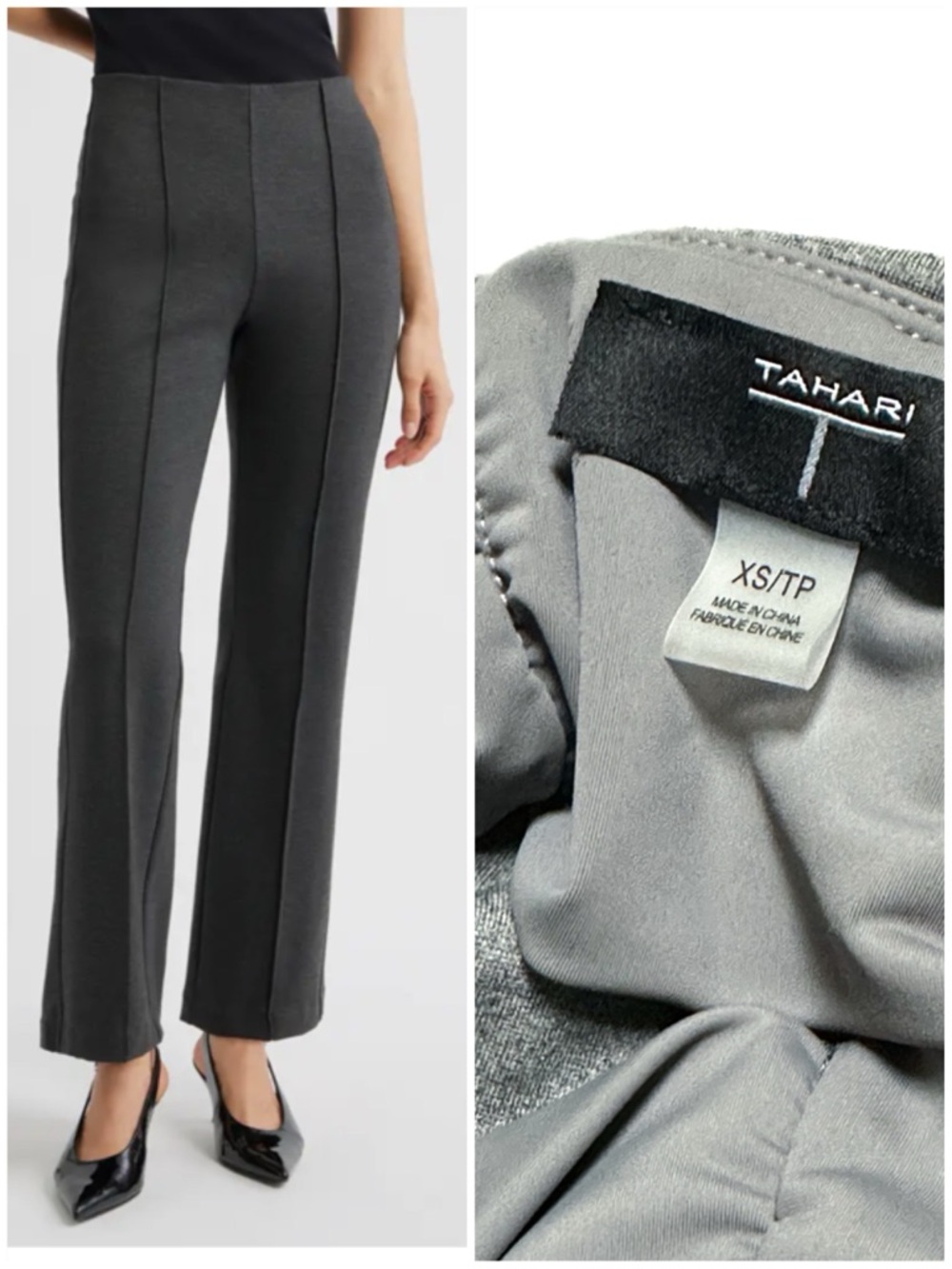 T Tahari Pull On Ponte Trousers Grey Heather Knit Pintuck Seamed Bootcut Pants